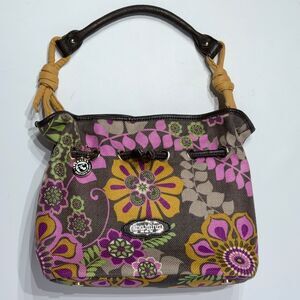 Spartina 449 Linen Purple Yellow Tan Floral Shoulder Bag Purse 12”x10”x6” (P2)